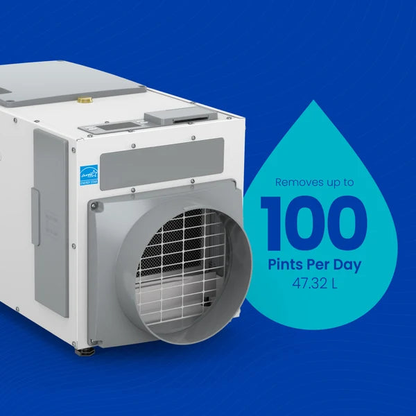 Dehumidifier with a blue droplet graphic indicating water removal capacity 100 pints per day on a blue background