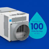 Dehumidifier with a blue droplet graphic indicating water removal capacity 100 pints per day on a blue background