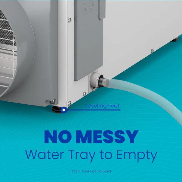 Dehumidifier with text indicating 'No Messy Water Tray to Empty' on a blue background