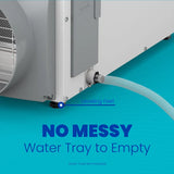 Dehumidifier with text indicating 'No Messy Water Tray to Empty' on a blue background