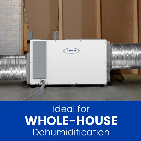 Whole-house dehumidifier with Aprilaire branding in a home setting.