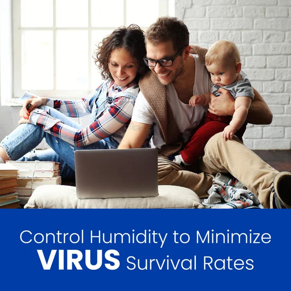 Family using a laptop together with text about controlling humidity to minimize virus survival rates.