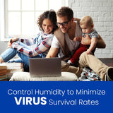 Family using a laptop together with text about controlling humidity to minimize virus survival rates.