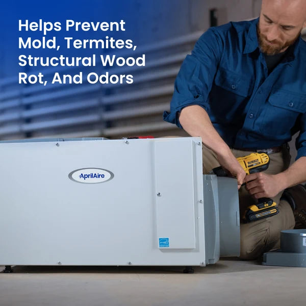 Dehumidifier being installed with text "Helps prevent mold, termites, structural wood rot and odors"