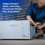 Dehumidifier being installed with text "Helps prevent mold, termites, structural wood rot and odors"