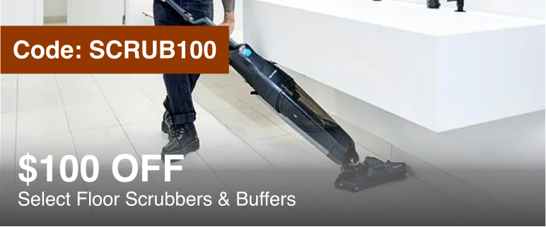 A cordless floor scrubber being used on a white tiled floor next to a white pedestal, with promotional text: 'Code: SCRUB100', '$100 OFF Select Floor Scrubbers & Buffers'.