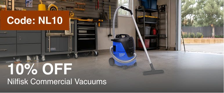 A blue and black Nilfisk commercial vacuum cleaner with a long white wand is shown in a garage setting. The image includes promotional text overlays: 'Code: NL10', '10% OFF', and 'Nilfisk Commercial Vacuums'.