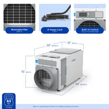 A white and gray dehumidifier shown with dimension lines and labels for width, height, and depth, plus three feature callouts at the top: a washable filter, an 8-foot power cord, and a built-in control panel. A blue badge in the lower left says 63 lbs.