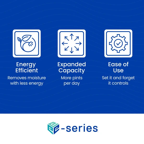 Blue promotional graphic with three white feature icons and text reading Energy Efficient, Expanded Capacity, and Ease of Use, plus a eseries logo at the bottom.
