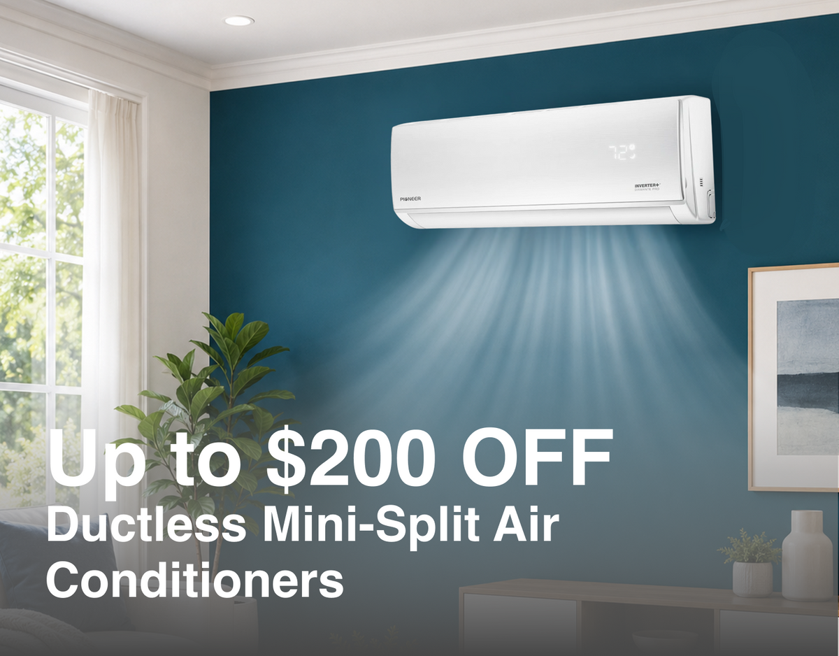 Ductless mini-split air conditioner on a blue wall with promotional textfor $200 off during July 4th sales.