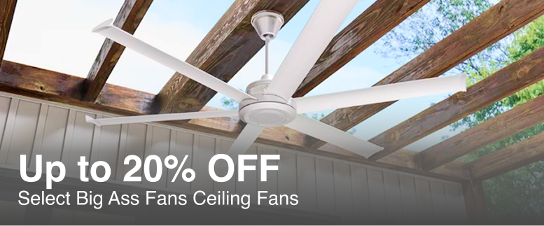 A white ceiling fan with six blades shown installed under a wooden open-roof structure, with promotional text reading 'Up to 20% OFF Select Big Ass Fans Ceiling Fans' across the lower portion.