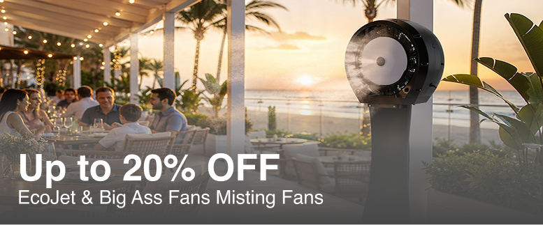 A misting fan shown in a real outdoor patio/bar setting at sunset with people dining in the background, plus large promotional text reading 'Up to 20% OFF EcoJet & Big Ass Fans Misting Fans.' Because a real environment and people are present, this is Lifestyle rather than Product/Packaging, even though the product is prominently featured.