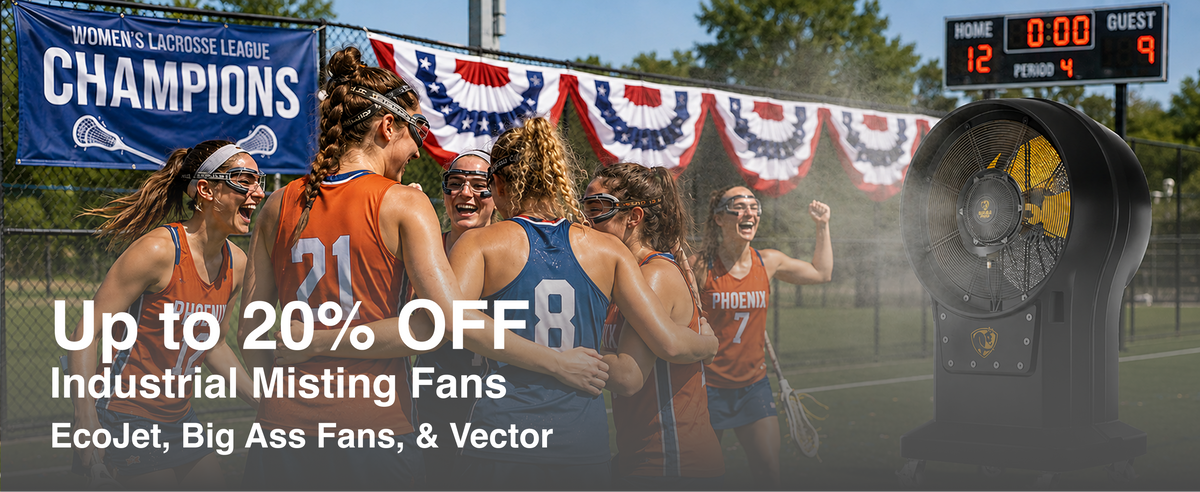 Group of lacrosse players celebrating on a sports field with promotional text overlay for 20% off industrial misting fans during 4th of July sale.