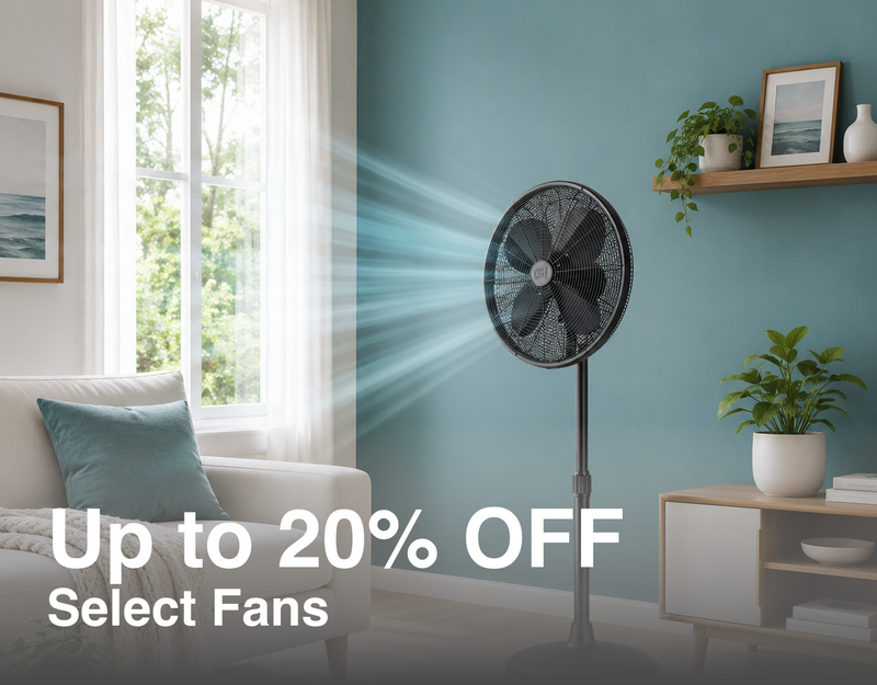 Stylized image of a living room with a fan and promotional text overlay for up 10 20% off select household fans.