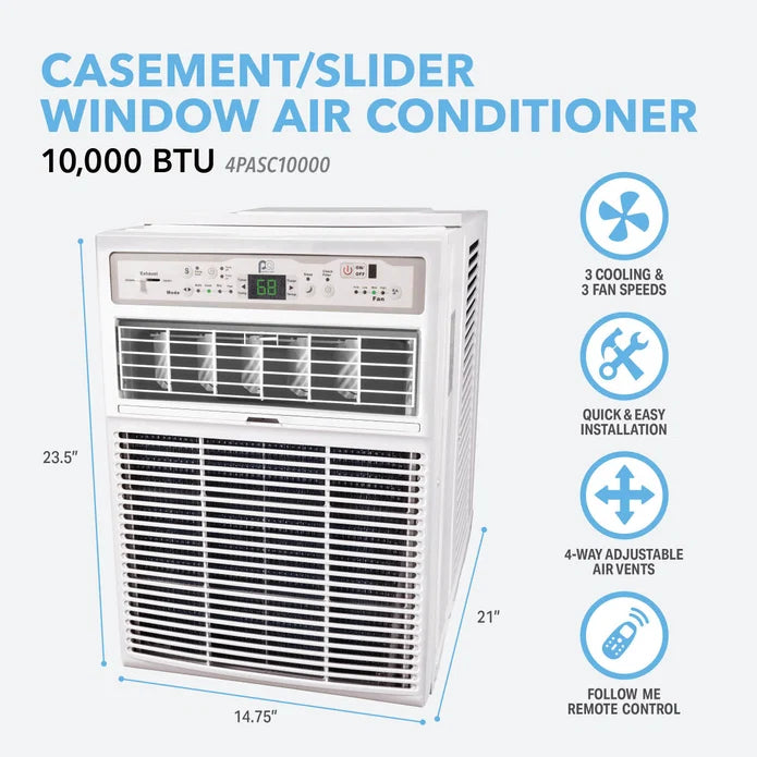 Perfect Aire 10,000 BTU Casement Window Air Conditioner shown on a  light gray background with blue dimension lines indicating 23.5 inches tall, 14.75 wide, 21" depth