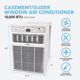 Perfect Aire 10,000 BTU Casement Window Air Conditioner shown on a  light gray background with blue dimension lines indicating 23.5 inches tall, 14.75 wide, 21" depth