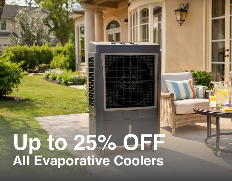 Outdoor evaporative cooler in a backyard with promotional text overlay for up to 25% off all evaporative coolers.