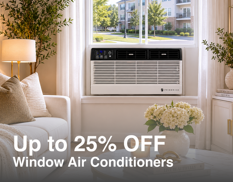 Window air conditioner in a room with a couch, lamp, and decorative elements and up to 25% off promotional message for window air conditioners during 4th of July sale
