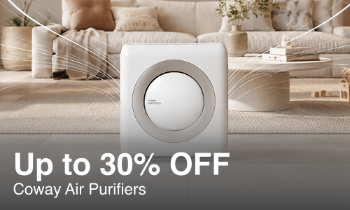 A white Coway air purifier centered in a modern living room setting, with promotional text overlay reading 'Up to 30% OFF Coway Air Purifiers' at the bottom.