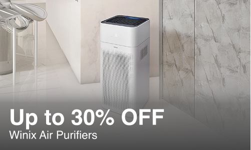 A Winix air purifier in a modern bathroom setting, with a promotional text overlay at the bottom reading 'Up to 30% OFF Winix Air Purifiers'.