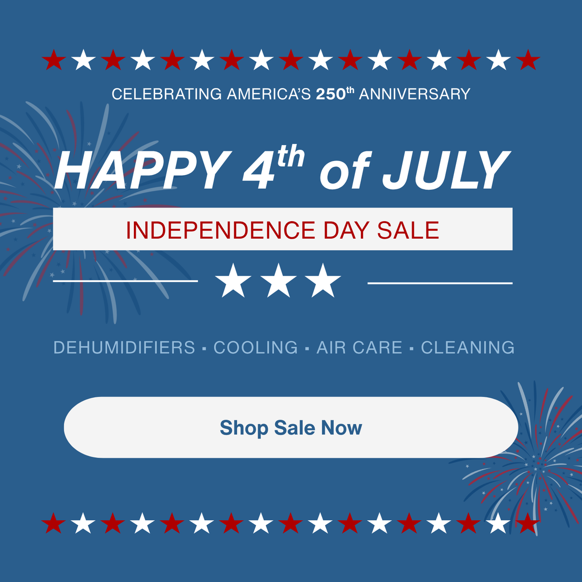 Promotional graphic for Independence Day Sale with fireworks and text on a blue background