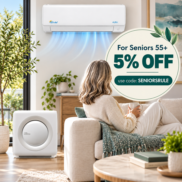 Seniors 55+ get 5% off using code SENIORSRULE text on a promotional lifestyle image of a woman on the couch in a modern home with an air purifier and mini ductless split air conditioner on the wall.