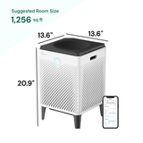 Air purifier with dimensions and suggested room size on a white background