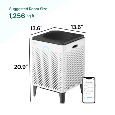 Air purifier with dimensions and suggested room size on a white background