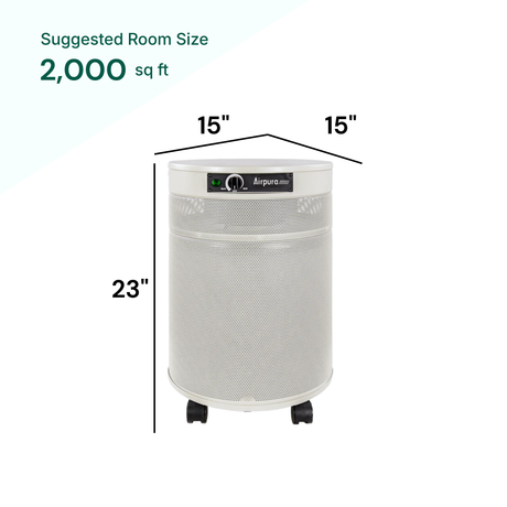 Air purifier with dimensions labeled on a white background