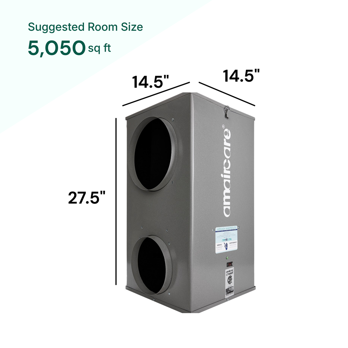 AmalfiCare air purifier with dimensions and suggested room size on a white background