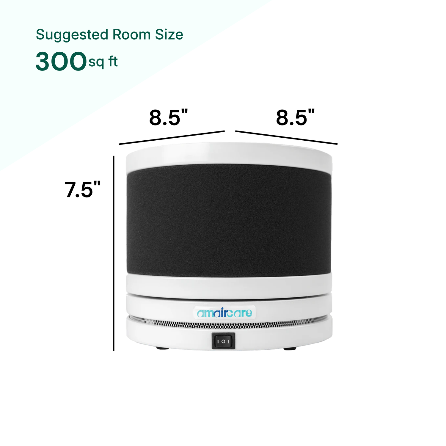 Air purifier with dimensions and suggested room size on a white background