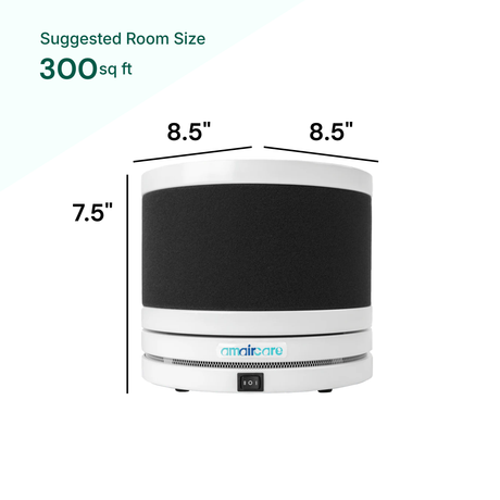 Air purifier with dimensions and suggested room size on a white background