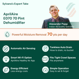 Infographic for the AprilAire E070 70 Pint Dehumidifier by Sylvane's Expert Take, featuring a photo of indoor air quality specialist Alexander Popp and a list of product features on a dark green background.