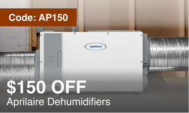 ApriAir dehumidifier promotional image showing a white ApriAire dehumidifier unit mounted between two silver ducts, with promotional text overlays reading 'Code: AP150', '$150 OFF', and 'ApriAir Dehumidifiers'.