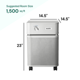 Air purifier with dimensions labeled on a white background