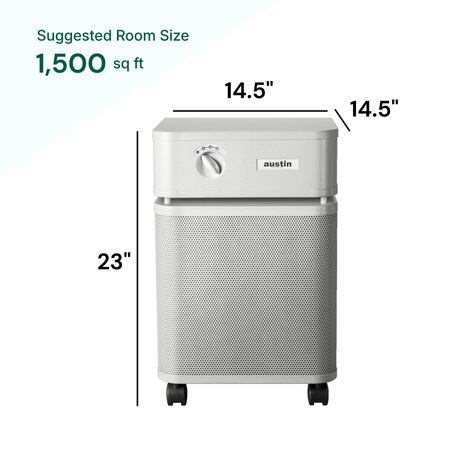 Air purifier with dimensions labeled on a white background