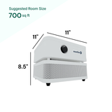 White air purifier with dimensions labeled on a white background