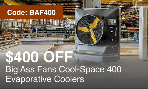 A large industrial evaporative cooler fan unit with a gray metal housing and yellow fan blades, shown in a warehouse setting with promotional text overlay reading '$400 OFF Big Ass Fans Cool-Space 400 Evaporative Coolers' and 'Code: BAF400'.