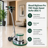 Bissell BigGreen Pro FMC Single-Speed Buffer (BGC-1) features Corded Electric 50-ft non-conductive cable,	~65 dB,	Interchangeable aprons/pads (13", 15", 17", 19", 21"). All-metal polished aluminum chassis weight.