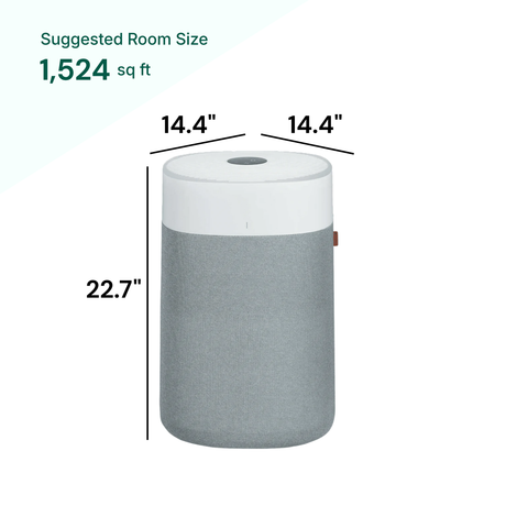 Gray cylindrical ottoman with dimensions and suggested room size on a white background