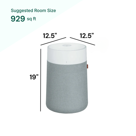 Gray cylindrical product with dimensions and suggested room size on a white background