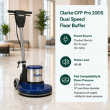 Clarke CFP Pro 20DS Dual Speed Floor Buffer image, Corded Electric (50-ft cord, 110-120V), 20" buffer pad. 19" pad driver diameter. Standard unit weight ~98 lbs for down pressure.