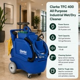 Clarke TFC 400 All Purpose Industrial Wet/Dry Cleaner features Corded Electric (25-ft power cord),	20.0 gal (Solution) / 13.0 gal (Recovery),	~70 dB,	Spray-extract cleaning layout utilizing a high-impact 400 psi power sprayer wand instead of a revolving flat pad.																					
