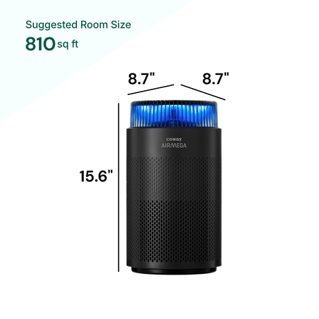 Coway air purifier with dimensions and suggested room size on a white background