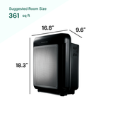 Black air purifier with dimensions labeled on a white background