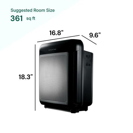 Black air purifier with dimensions labeled on a white background