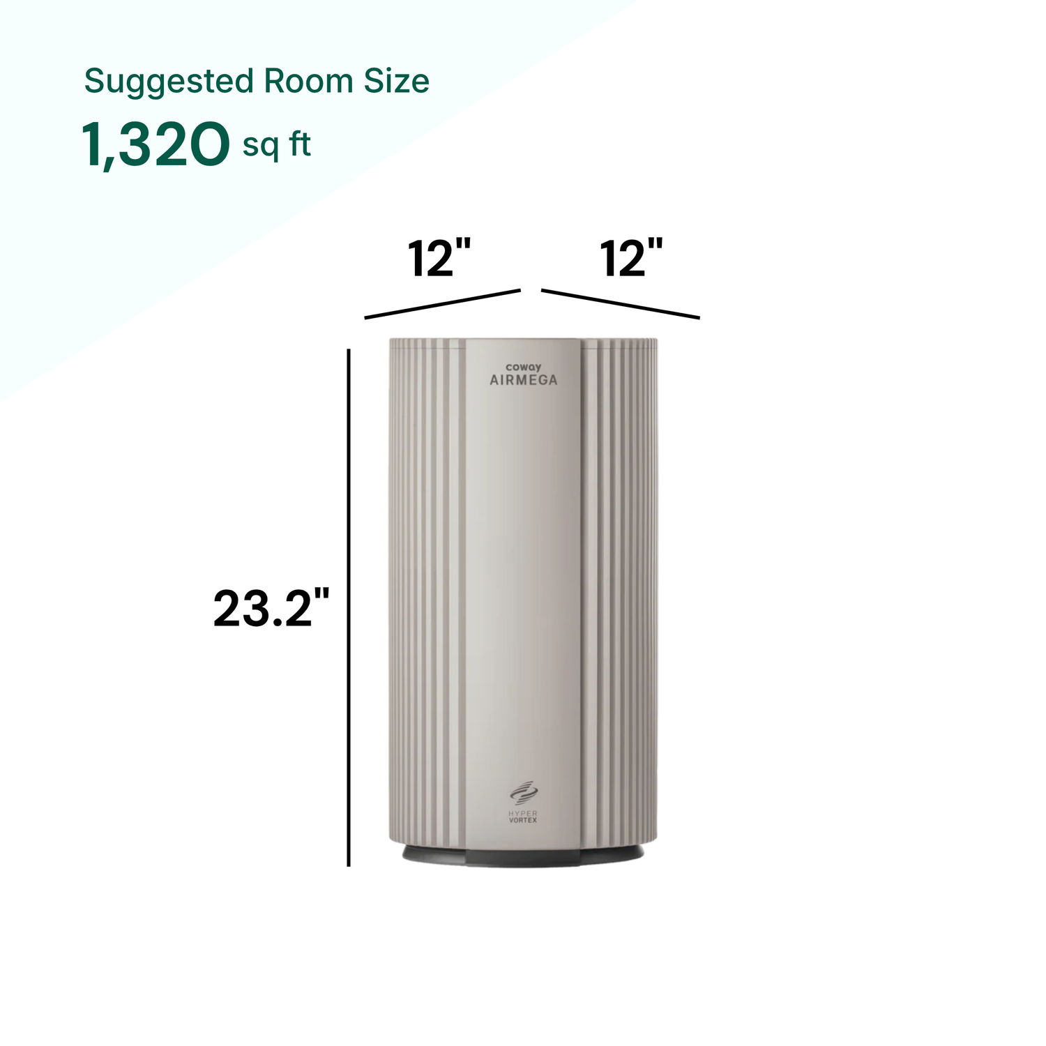 Air purifier with dimensions labeled on a white background