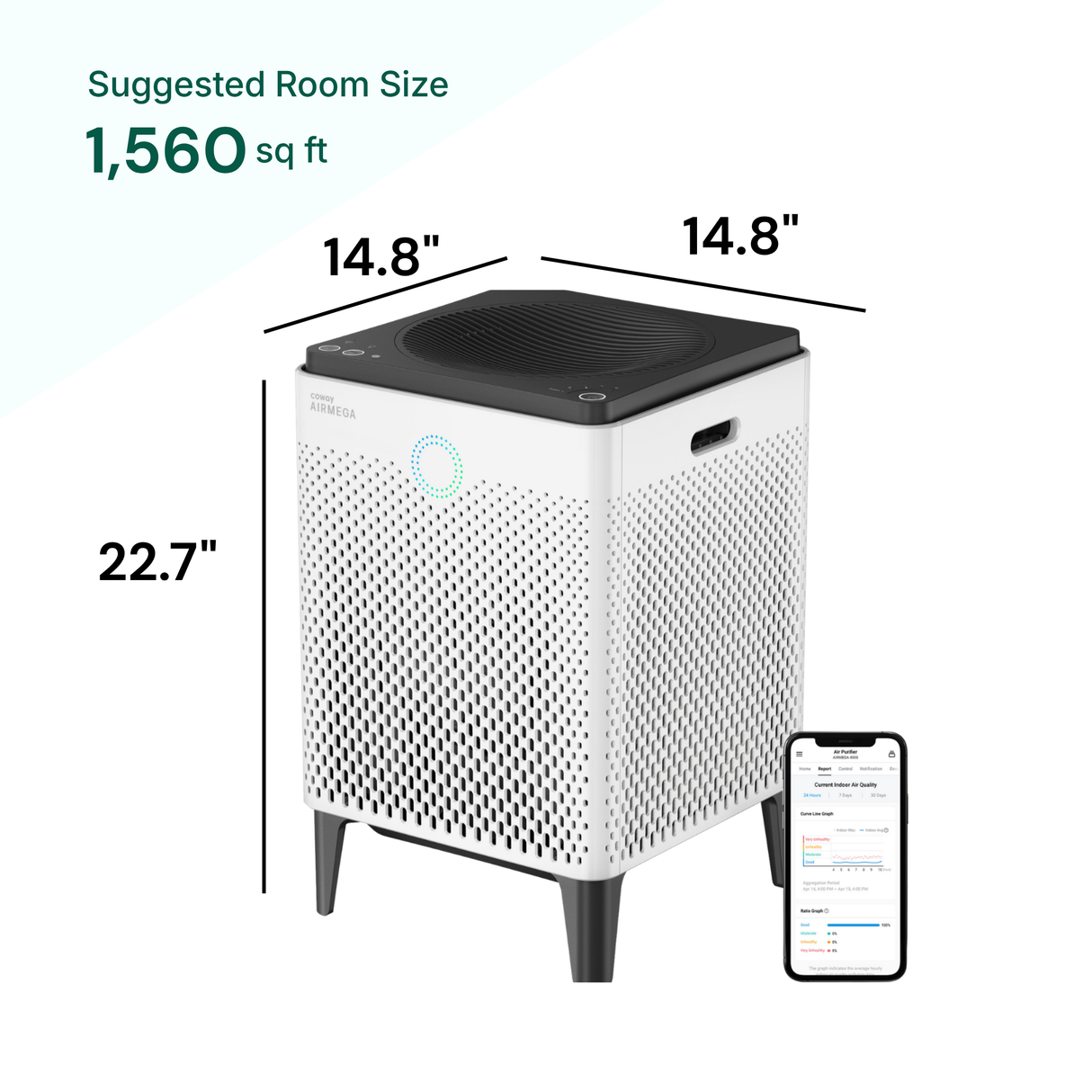 Air purifier with dimensions and smartphone app icon on a white background