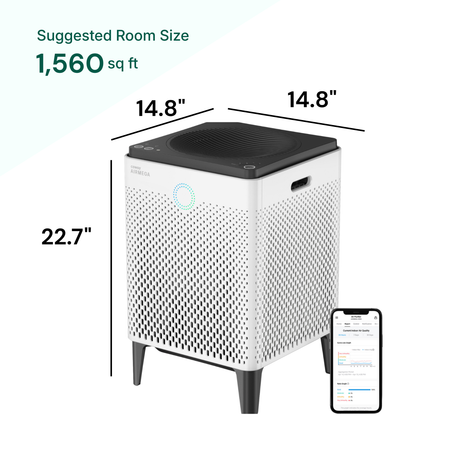 Air purifier with dimensions and smartphone app icon on a white background