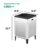Air purifier with dimensions labeled on a white background